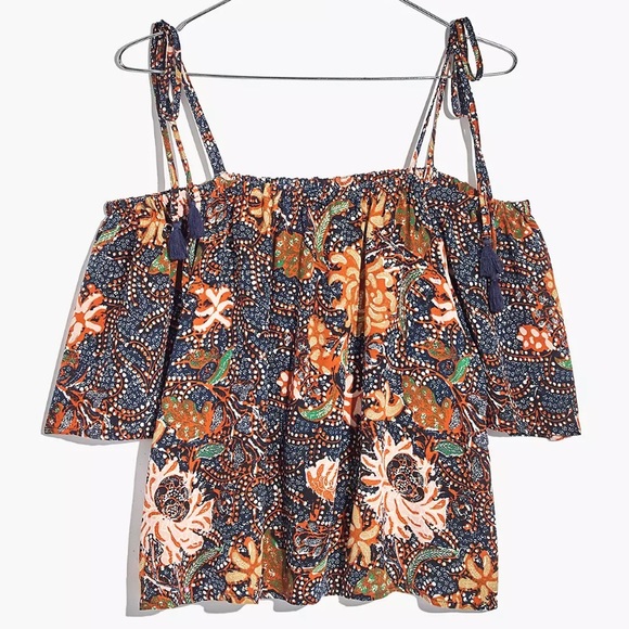 Madewell Silk Cold Shoulder Tie Tassel Straps Sea Floral Crop Top - M - Picture 15 of 15